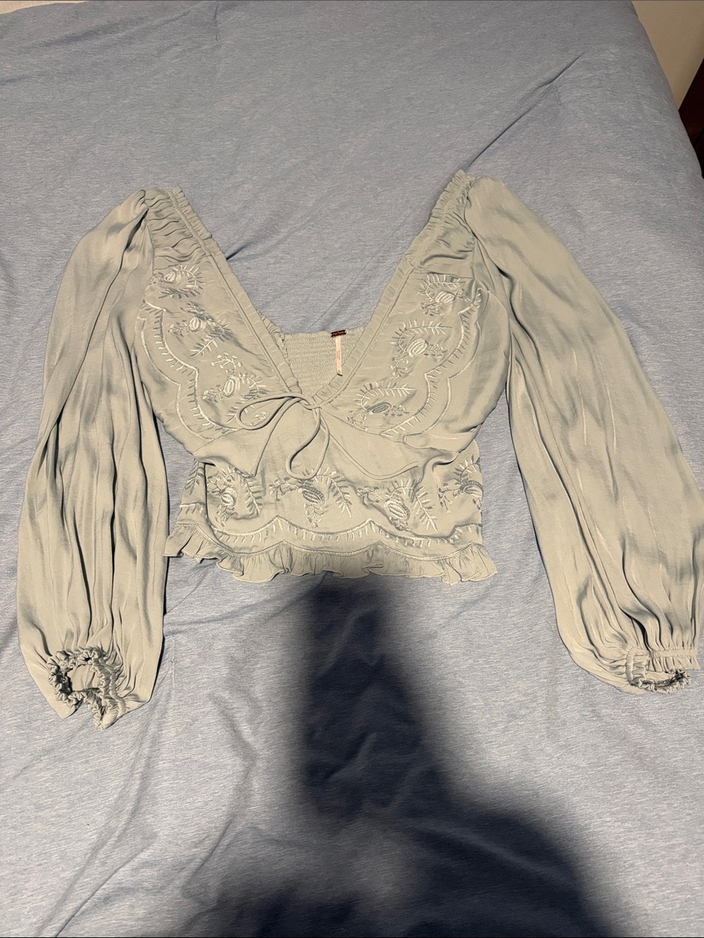 Free People Light Blue Embroidered Tie-Front Blouse